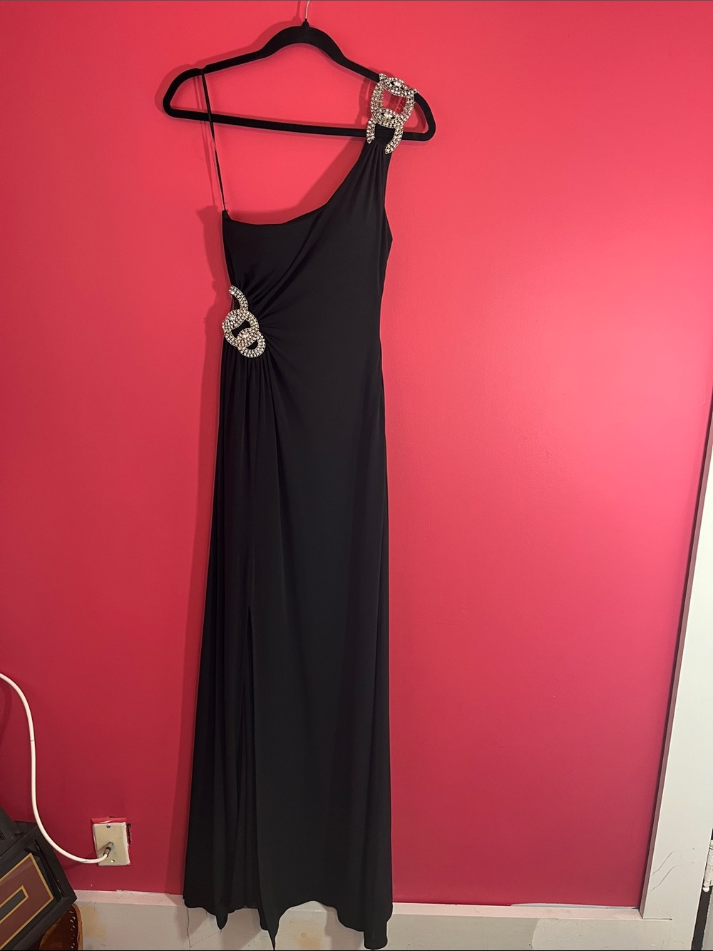 La Femme Black One-Shoulder Evening Gown with Rhinestone Buckles